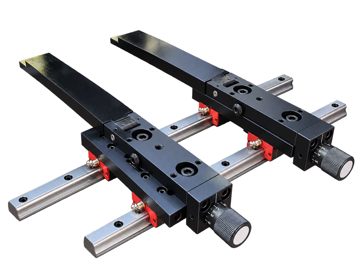 Actual Carter press-brake backgauge, showing the two adjustable fingers mounted behind the tooling