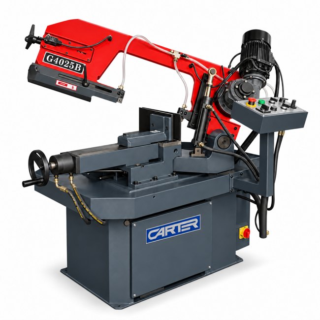 G4025B semi-auto bandsaw with red bow, dark grey base, hydraulic vice and separate control panel