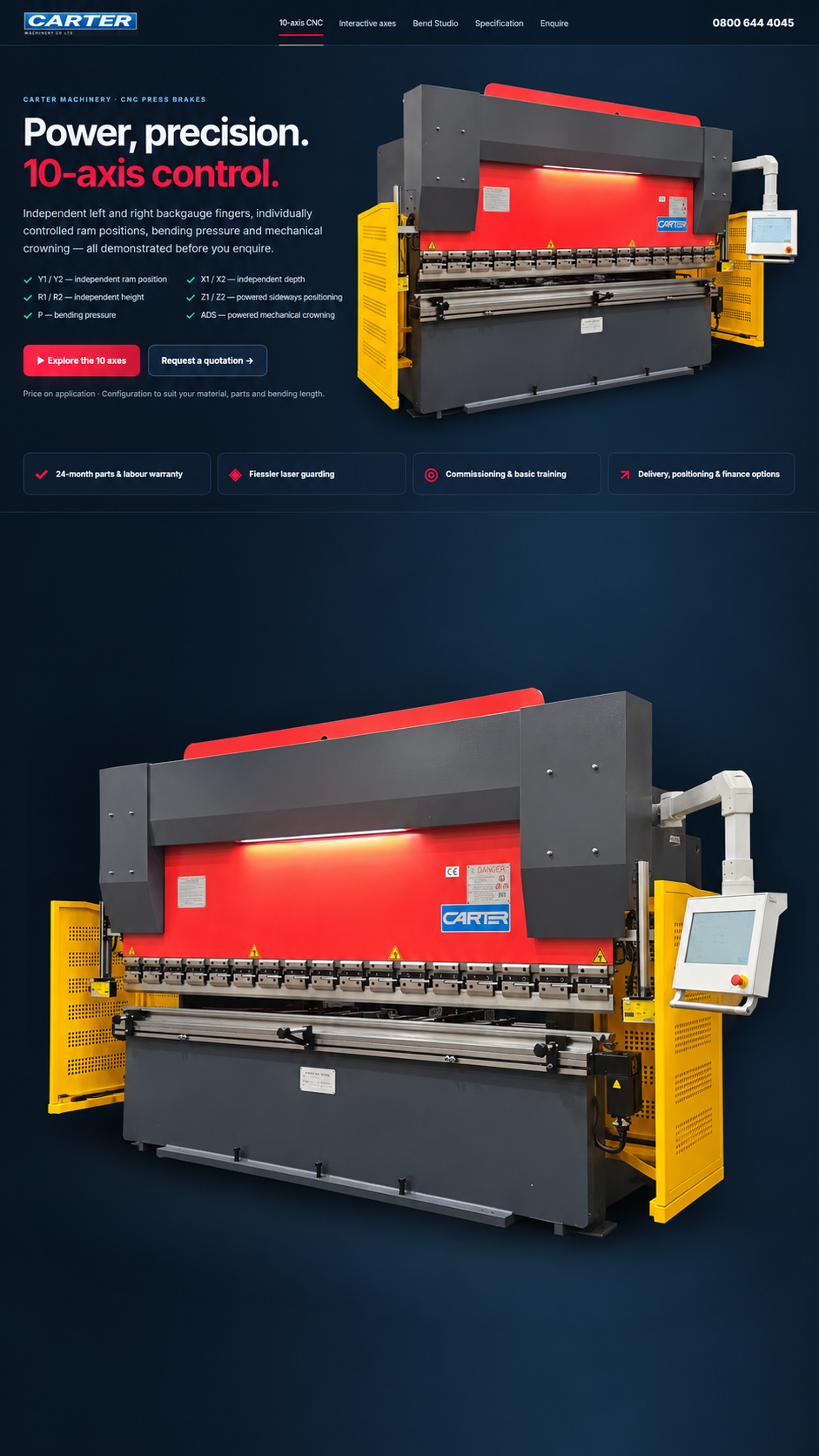 Carter 10-axis CNC press brake with red beam, charcoal frame and yellow guards