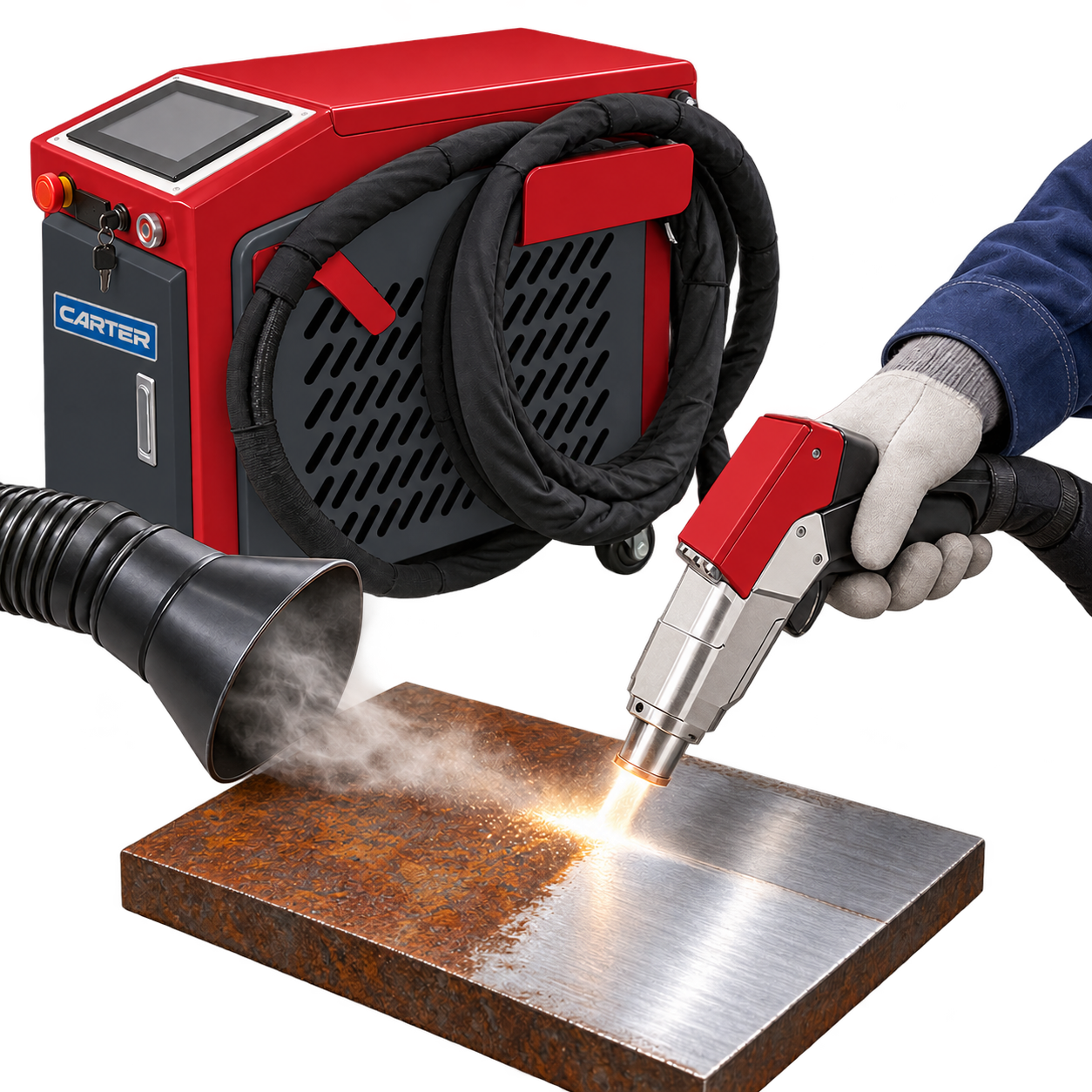 Illustrative render of an HFW-style handheld laser torch cleaning rust from a steel plate