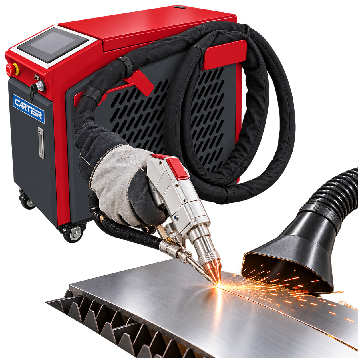 Illustrative render of an HFW-style handheld laser torch cutting a stainless-steel sheet