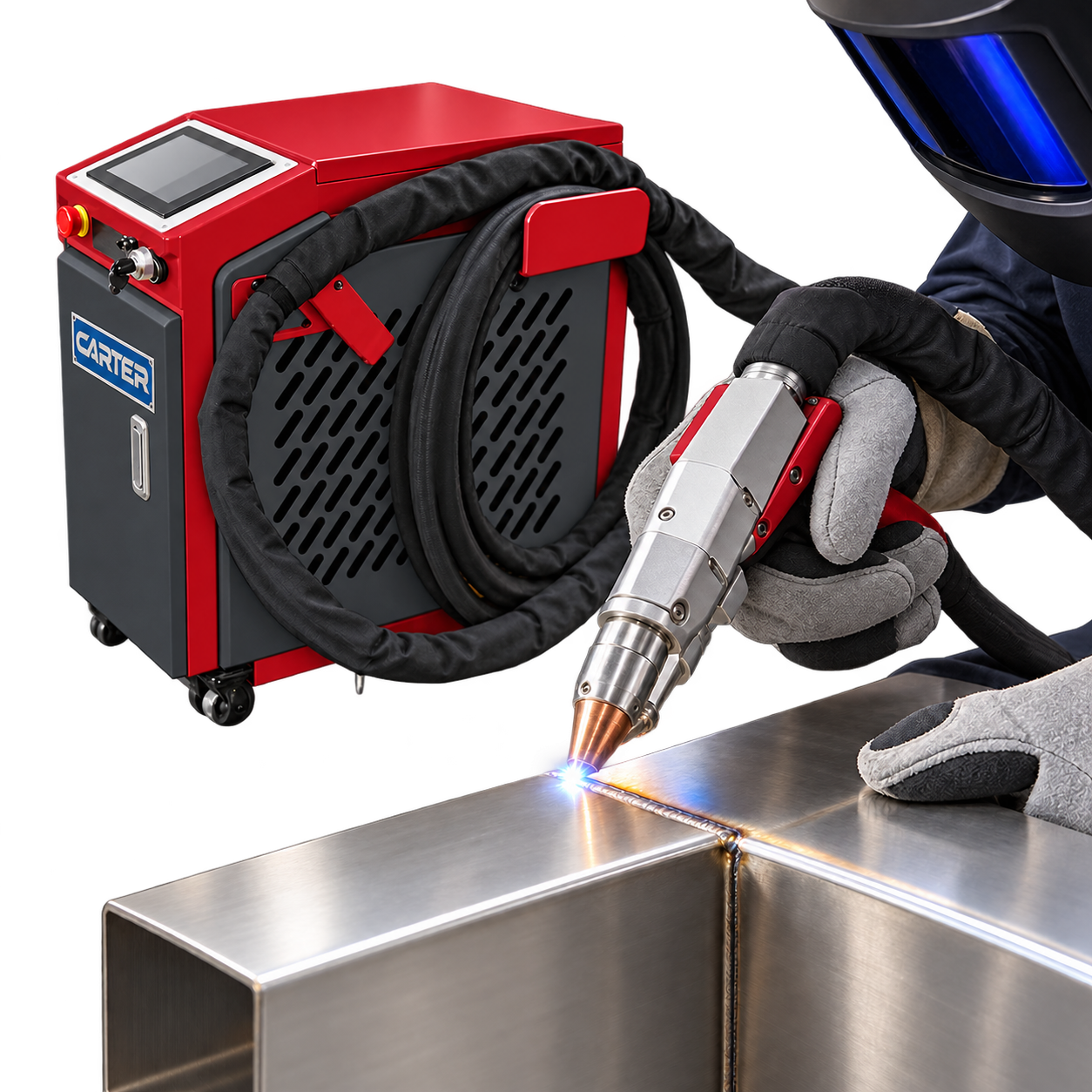 Illustrative render of an HFW-style handheld laser torch welding a stainless-steel seam